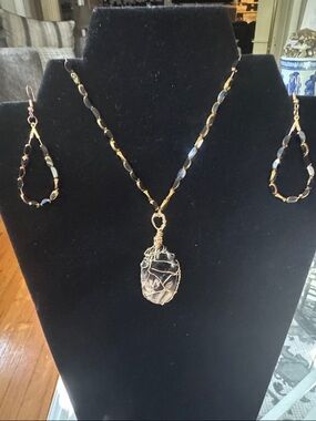 Gold Wire-Wrapped Palm Root Stone Necklace & Earring Set